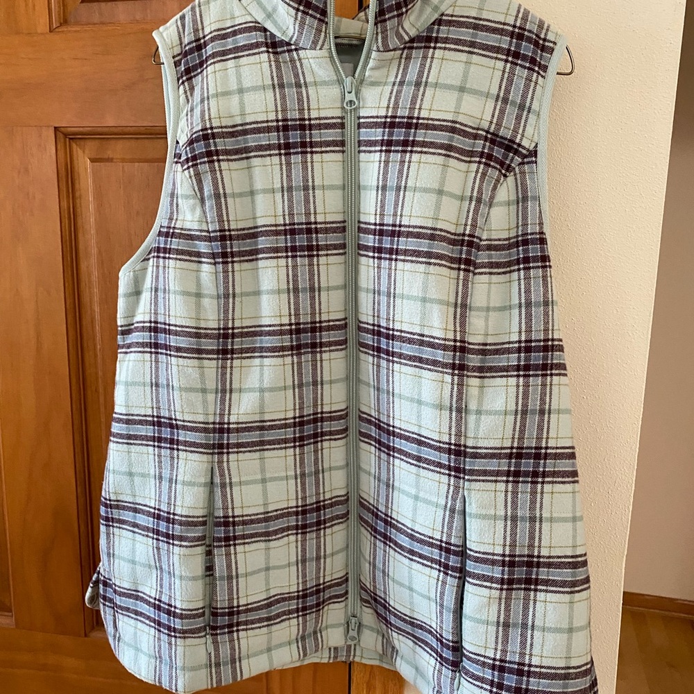 J. JILL puffy fleece vest mint, blue, burgundy plaid zip front mock neck M